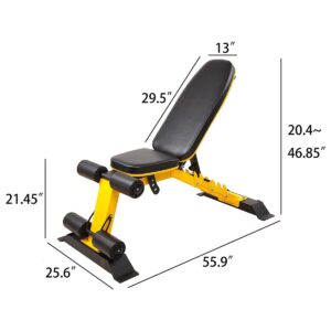 HulkFit HFAD-BMON Adjustable and Foldable 1,000 Pound Capacity Utility Weight Bench for Upright, Incline, Decline, and Flat Exercise, Yellow
