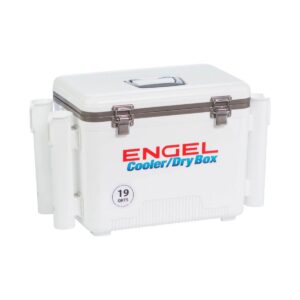 Engel 19 Quart Fishing Rod Holder Attachment Insulated Dry Box Ice Cooler with Stain/Odor-Resistant Surface and Shoulder Strap, White