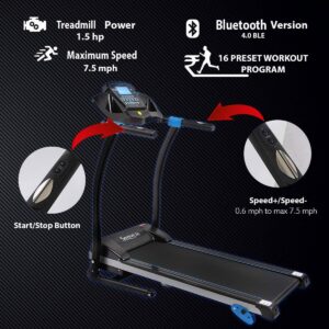 SereneLife SLFTRD25 Bluetooth Smart Digital Folding Treadmill Cardio Machine Home Gym Fitness Equipment with Incline, MP3 Player and Built In Speakers