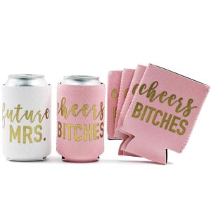Blue Panda 12-Pack Can Cooler Sleeves Beer Koozies 12 oz Insulated Holder Gold Embroider Fonts "Future MRS." "Cheers Bitches" for Bachelorette Party