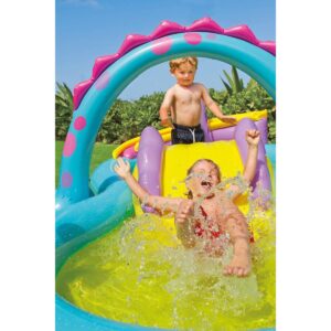 Intex 11ft x 7.5ft x 44in Dinoland Backyard Play Center Kiddie Inflatable Swimming Pool with Slide, Dino Arch Water Sprayer and Games for Ages 2+