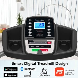 SereneLife SLFTRD20 Bluetooth Smart Digital Folding Treadmill Cardio Machine Home Gym Fitness Equipment with MP3 Player, Incline and Built In Speakers