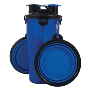 Pet Food Water Bottle 2-in-1 Portable with 2 Collapsible Bowls for Dog Travel Walking Hiking, Blue/Black