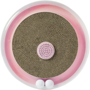 PawsMark Pink 4 in 1 Interactive Round Cat Scratcher, Lounge, Toy and Brush
