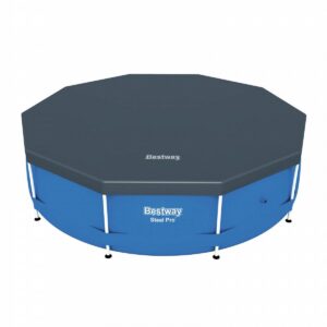 Bestway 58036E Flowclear Round PVC 10 Foot Pool Cover with Drain Holes for Above Ground Steel Pro and Power Steel Frame Swimming Pools, Black