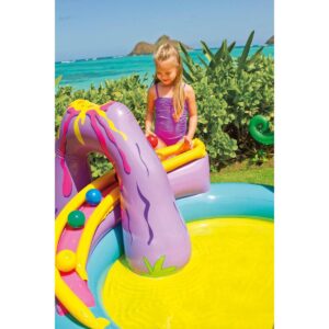 Intex 11ft x 7.5ft x 44in Dinoland Backyard Play Center Kiddie Inflatable Swimming Pool with Slide, Dino Arch Water Sprayer and Games for Ages 2+