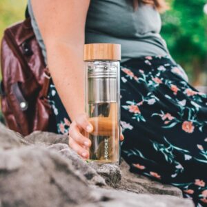 GROSCHE COPENHAGEN Double Walled Glass Tea Infuser Water Bottle, Insulated Bottle with Protective Sleeve, 14.3 fl oz. Capacity