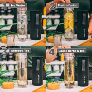 GROSCHE COPENHAGEN Double Walled Glass Tea Infuser Water Bottle, Insulated Bottle with Protective Sleeve, 14.3 fl oz. Capacity