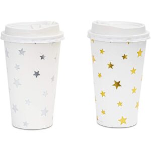 48-Pack Cute Foil Stars Insulated Disposable Coffee Cups with Lids, 16oz Paper Hot Cup to Go for Twinkle Little Star Baby Shower, Birthday, Events