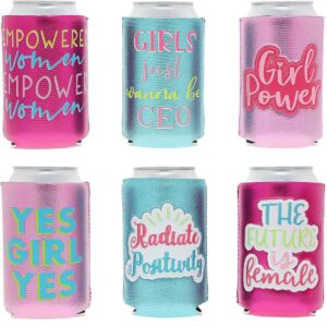6-Pack Metallic Can Cooler Sleeves, 12 oz Insulated Beer & Soda Koozies, 6 Cute Girl Power Designs for Women, Girls Night Out Parties, Blue & Pink