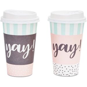 48-Pack Yay! Decorative Insulated Disposable Coffee Cups with Lids, 16oz Paper Hot Cup to Go for Birthday Party, Event Decorations