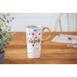Evergreen Cypress Home Beautiful Celebrate Ceramic Travel Cup with Lid - 5 x 4 x 7 Inches Homegoods and Accessories for Every Space