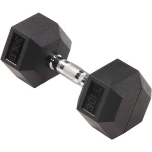 Sporzon Exercise Equipment Single Rubber Encased Hexagon Handheld Free Weight Dumbbell with Contoured Non Slip Handle for Home Fitness, 30 Pounds
