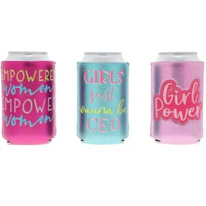 6-Pack Metallic Can Cooler Sleeves, 12 oz Insulated Beer & Soda Koozies, 6 Cute Girl Power Designs for Women, Girls Night Out Parties, Blue & Pink
