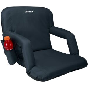 Driftsun Extra Wide Padded Folding Portable 6 Position Reclining Cushioned Stadium Seat Chair with Side Cup Holder and Backpack Carry Straps, Black