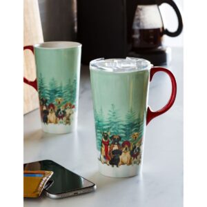 Cypress Home Ceramic Travel Cup, 17 Oz. ,W/Box And Tritan Lid, Royal Pups Holiday