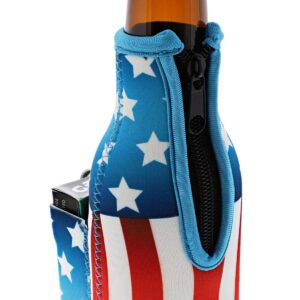 Juvale 2-Pack Patriotic Beer Bottle Cooler Sleeves with Attached Cigarette & Lighter Holder, USA Stars & Stripes Flag Design, Fits 12 oz Bottles