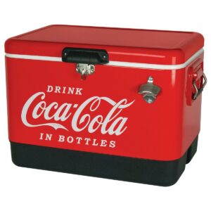 Koolatron Large 54 Quart 85 Can Capacity Portable Retro Coca-Cola Ice Chest Stainless Steel Hard Cooler with Built In Bottle Opener, Red
