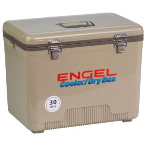 Engel 30-Quart 48 Can Portable Leak-Proof Compact Lightweight Insulated Airtight Hard Drybox Cooler for Fishing, Hunting, and Camping, Tan