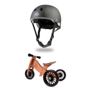 Kinderfeets Children's Riding Toy Bundle w/Black Adjustable Sport Toddler/Kid's Bike Helmet and Tiny Tot PLUS 2-in-1 Balance Bike and Tricycle, Bamboo