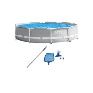 Intex 26701EH 10ft x 30in Prism Metal Frame Above Ground Swimming Pool with Filter Pump and Cleaning Maintenance Kit with Vacuum, Skimmer and Pole