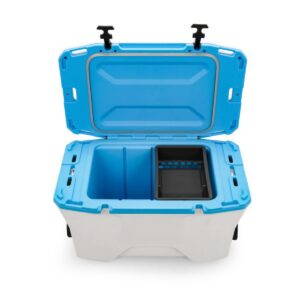 Camco Currituck Outdoor Ice Chest Cooler with Storage Tray and Bottle Opener for Camping, Hunting, Fishing, and Tailgating, 30 Quart, Cyan and White