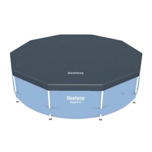 Bestway 58036E Flowclear Round PVC 10 Foot Pool Cover with Drain Holes for Above Ground Steel Pro and Power Steel Frame Swimming Pools, Black