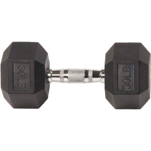 Sporzon Exercise Equipment Single Rubber Encased Hexagon Handheld Free Weight Dumbbell with Contoured Non Slip Handle for Home Fitness, 30 Pounds