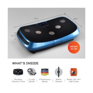Lifepro Portable Home Body Weight Training Fitness Exercise Workout Rumblex 4D Vibration Plate Platform Equipment Machine w/ Resistance Bands, Blue