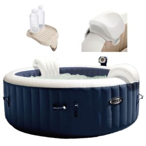 Intex 28405E PureSpa 4 Person Home Outdoor Inflatable Portable Heated Round Hot Tub Spa 58" x 28" with Bubble Jets, Soft-Foam Headrest, and Drink Tray