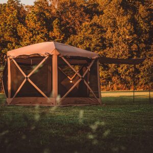 Gazelle Tents G6 Portable Deluxe Pop Up 6 Sided Hub Gazebo Screen Tent with Easy 60 Second Set Up and Zippered Door, Fits 8 People and Table, Brown