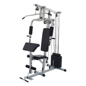 Sporzon! Home Gym Exercise Equipment Bench Workout Station with 330 Pound Resistance, 125 Pound Weight Stack, Detachable Bars, & 4 Roll Leg Developer