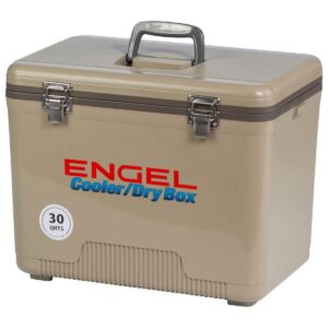 Engel 30-Quart 48 Can Portable Leak-Proof Compact Lightweight Insulated Airtight Hard Drybox Cooler for Fishing, Hunting, and Camping, Tan