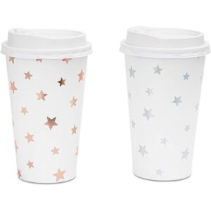 48-Pack Cute Foil Stars Insulated Disposable Coffee Cups with Lids, 16oz Paper Hot Cup to Go for Twinkle Little Star Baby Shower, Birthday, Events