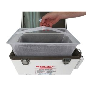 Engel 13 Quart Portable Insulated Live Bait Fishing Dry Box 18 Can Hard Airtight Cooler with Water Speed Aerator Pump and Removable Pull Net, White