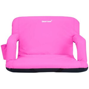 Driftsun Extra Wide Padded Folding Portable 6 Position Reclining Cushioned Stadium Seat Chair with Side Cup Holder and Backpack Carry Straps, Pink