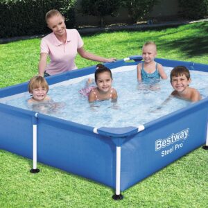 Bestway 56545E Steel Pro 7.25 x 4.9 x 1.4 Ft Outdoor Rectangular Frame Above Ground Family Kids Swimming Pool with Easy Setup, Blue