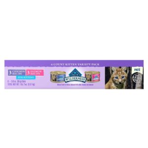 Blue Buffalo Wilderness Grain Free Paté Chicken & Salmon Recipe Kitten Premium Wet Cat Food - 3oz/6ct Variety Pack