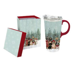 Cypress Home Ceramic Travel Cup, 17 Oz. ,W/Box And Tritan Lid, Royal Pups Holiday