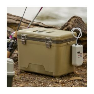 Engel 13 Quart Portable Insulated Live Bait Fishing Dry Box 18 Can Hard Airtight Cooler with Water Speed Aerator Pump and Removable Pull Net, Tan