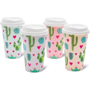 48-Pack Cactus Insulated Disposable Coffee Cups with Lids, 16oz Paper Hot Cup to Go for Baby Shower, Birthday, Bridal Party