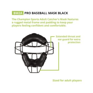 Champion Sports Adult Umpire Catcher Baseball Face Mask with Extended Throat and Ear Guard, Durable Metal Frame, and Adjustable Harness, Black