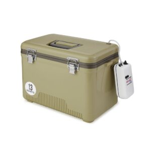 Engel 13 Quart Portable Insulated Live Bait Fishing Dry Box 18 Can Hard Airtight Cooler with Water Speed Aerator Pump and Removable Pull Net, Tan