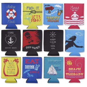 Blue Panda 12-Pack Nautical Beach Theme Can Cooler Sleeves, 12 oz Insulated Beer Koozies Holder, 12 Assorted Designs Quickly Identify Your Can