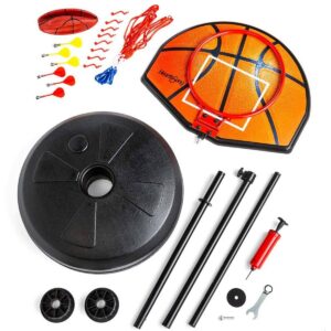 HearthSong 2-in-1 Basketball and Magnetic Dart Game for Indoor Play with Six Darts, Inflatable Basketball, Pump, and Hoop