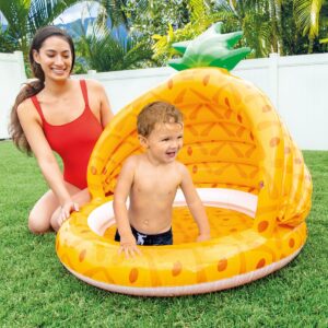 Intex 58414EP 40 Inch Pineapple Design Outdoor 1 to 3 Years Old Baby Toddler Inflatable Swimming Pool with Soft Floor Bottom and Built In Sunshade