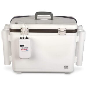 Engel 30 Quart Insulated Live Bait Fishing Dry Box 48 Can Hard Airtight Cooler with Water Speed Aerator Pump, Removable Pull Net and 4 Rod Holders
