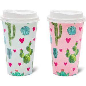 48-Pack Cactus Insulated Disposable Coffee Cups with Lids, 16oz Paper Hot Cup to Go for Baby Shower, Birthday, Bridal Party