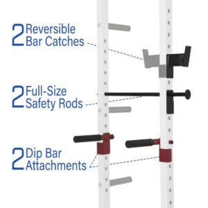Body Flex Sports SMU6200 Weightlifting Deluxe Home Gym Exercise Power Rack Cage System with Dip Bar Attachments, Bar Catches, and Safety Rods, White