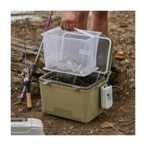 Engel 13 Quart Portable Insulated Live Bait Fishing Dry Box 18 Can Hard Airtight Cooler with Water Speed Aerator Pump and Removable Pull Net, Tan